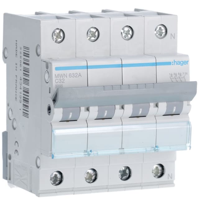 HAGER - Disjoncteur 3kA - C - 3P+N - 32A - 4M - MWN632A HAGER - Disjoncteur 3kA - C - 3P+N - 32A - 4M - MWN632A