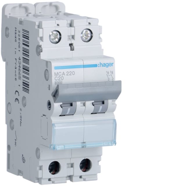 HAGER - Disjoncteur 6kA - C - 2P - 20A - 2M. - MCA220 HAGER - Disjoncteur 6kA - C - 2P - 20A - 2M. - MCA220