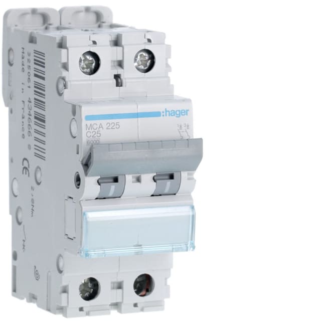 HAGER - Disjoncteur 6kA - C - 2P - 25A - 2M. - MCA225 HAGER - Disjoncteur 6kA - C - 2P - 25A - 2M. - MCA225