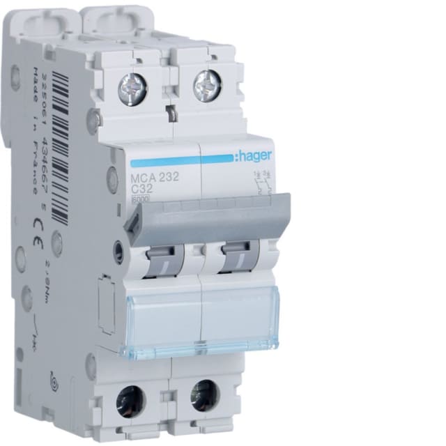 HAGER - Disjoncteur 6kA - C - 2P - 32A - 2M. - MCA232 HAGER - Disjoncteur 6kA - C - 2P - 32A - 2M. - MCA232