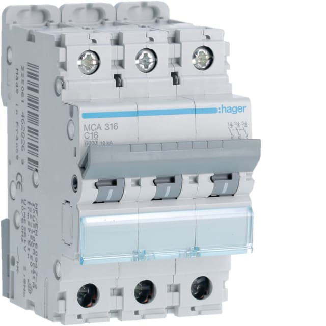 HAGER - Disjoncteur 6kA - C - 3P - 16A - 3M. - MCA316 HAGER - Disjoncteur 6kA - C - 3P - 16A - 3M. - MCA316