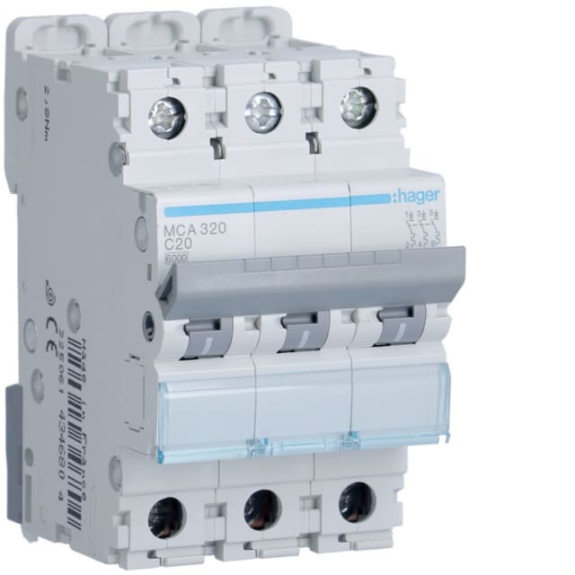HAGER - Disjoncteur 6kA - C - 3P - 20A - 3M. - MCA320 HAGER - Disjoncteur 6kA - C - 3P - 20A - 3M. - MCA320