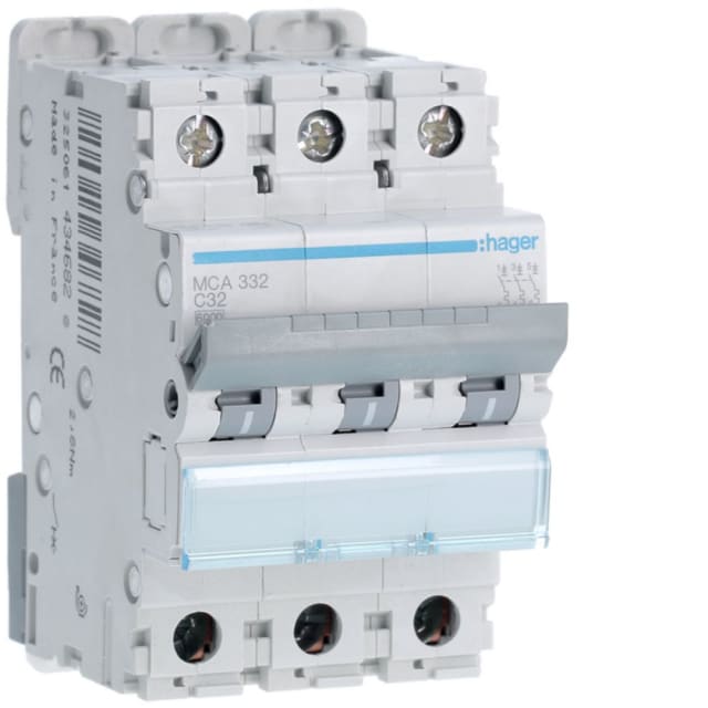 HAGER - Disjoncteur 6kA - C - 3P - 32A - 3M. - MCA332 HAGER - Disjoncteur 6kA - C - 3P - 32A - 3M. - MCA332
