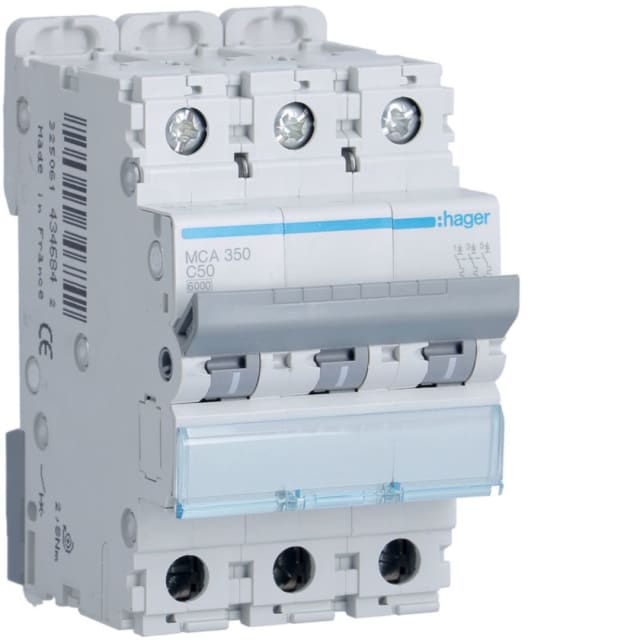 HAGER - Disjoncteur 6kA - C - 3P - 50A - 3M. - MCA350 HAGER - Disjoncteur 6kA - C - 3P - 50A - 3M. - MCA350