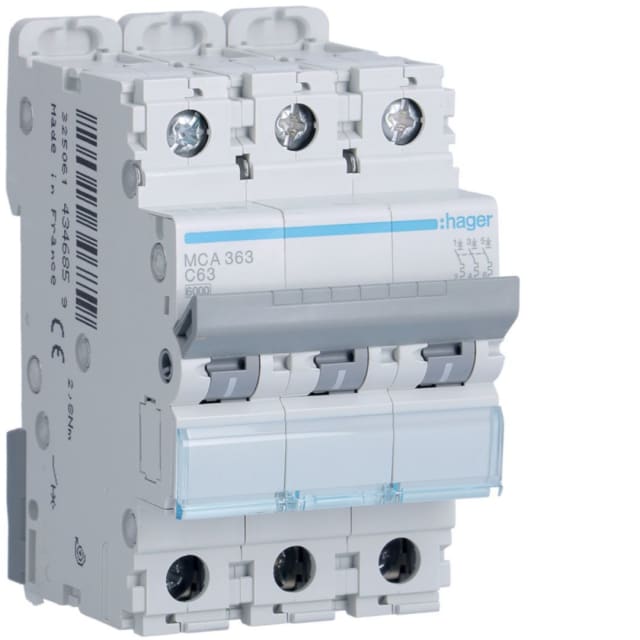 HAGER - Disjoncteur 6kA - C - 3P - 63A - 3M. - MCA363 HAGER - Disjoncteur 6kA - C - 3P - 63A - 3M. - MCA363