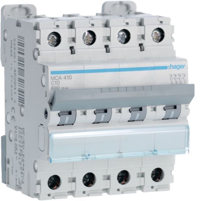 HAGER - Disjoncteur 6kA - C - 4P - 10A - 4M. - MCA410 HAGER - Disjoncteur 6kA - C - 4P - 10A - 4M. - MCA410