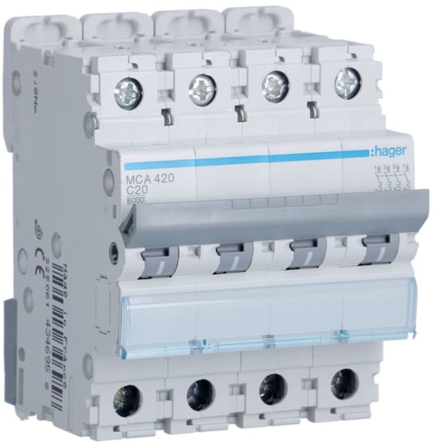 HAGER - Disjoncteur 6kA - C - 4P - 20A - 4M. - MCA420 HAGER - Disjoncteur 6kA - C - 4P - 20A - 4M. - MCA420