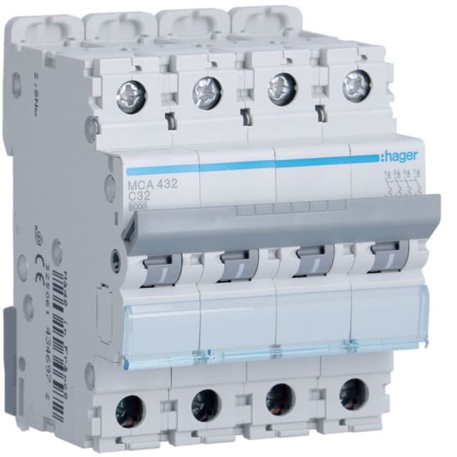 HAGER - Disjoncteur 6kA - C - 4P - 32A - 4M. - MCA432 HAGER - Disjoncteur 6kA - C - 4P - 32A - 4M. - MCA432