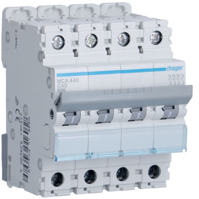 HAGER - Disjoncteur 6kA - C - 4P - 40A - 4M. - MCA440 HAGER - Disjoncteur 6kA - C - 4P - 40A - 4M. - MCA440