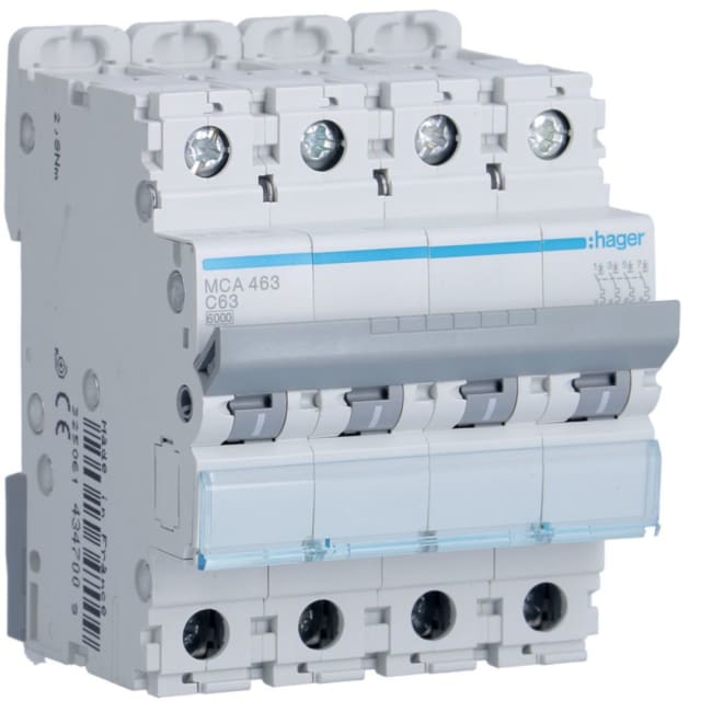 HAGER - Disjoncteur 6kA - C - 4P - 63A - 4M. - MCA463 HAGER - Disjoncteur 6kA - C - 4P - 63A - 4M. - MCA463