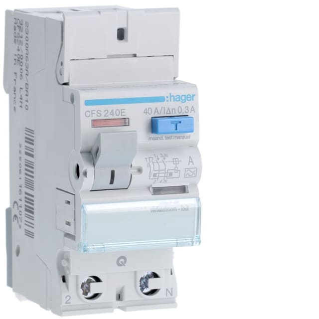 HAGER - Interrupteur différentiel 2P 40A 300mA type A qc - CFS240E HAGER - Interrupteur différentiel 2P 40A 300mA type A qc - CFS240E