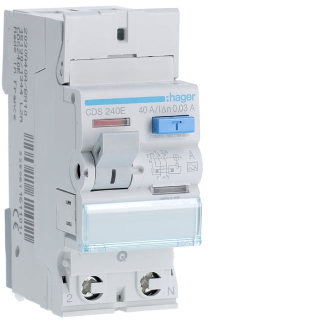 HAGER - Interrupteur différentiel 2P 40A 30mA type A qc - CDS240E HAGER - Interrupteur différentiel 2P 40A 30mA type A qc - CDS240E
