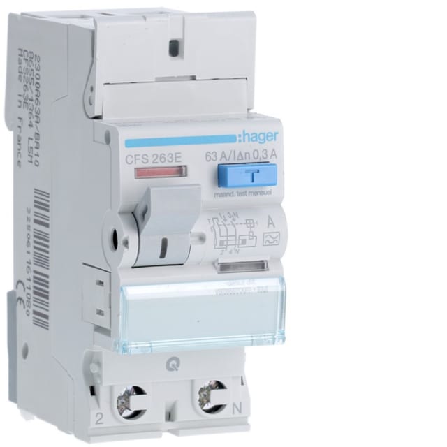 HAGER - Interrupteur différentiel 2P 63A 300mA type A qc - CFS263E HAGER - Interrupteur différentiel 2P 63A 300mA type A qc - CFS263E