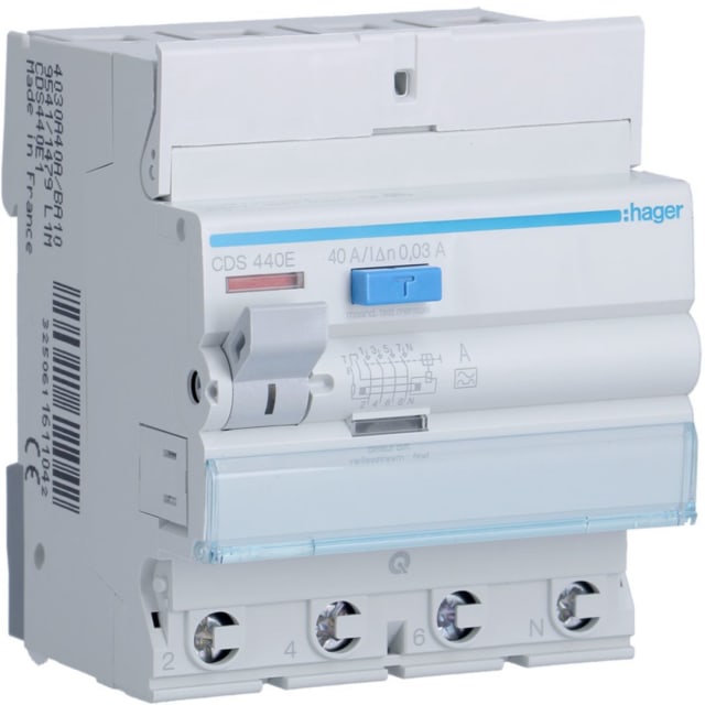 HAGER - Interrupteur différentiel 4P 40A 30mA type A qc - CDS440E HAGER - Interrupteur différentiel 4P 40A 30mA type A qc - CDS440E