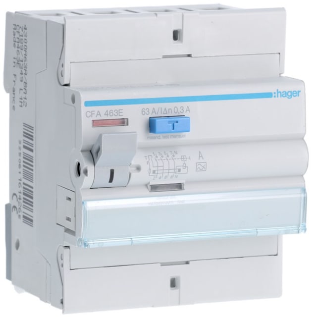 HAGER - Interrupteur différentiel 4P 63A 300mA type A - CFA463E HAGER - Interrupteur différentiel 4P 63A 300mA type A - CFA463E