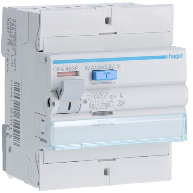 HAGER - Interrupteur différentiel 4P 63A 300mA type A S - CPA463E HAGER - Interrupteur différentiel 4P 63A 300mA type A S - CPA463E