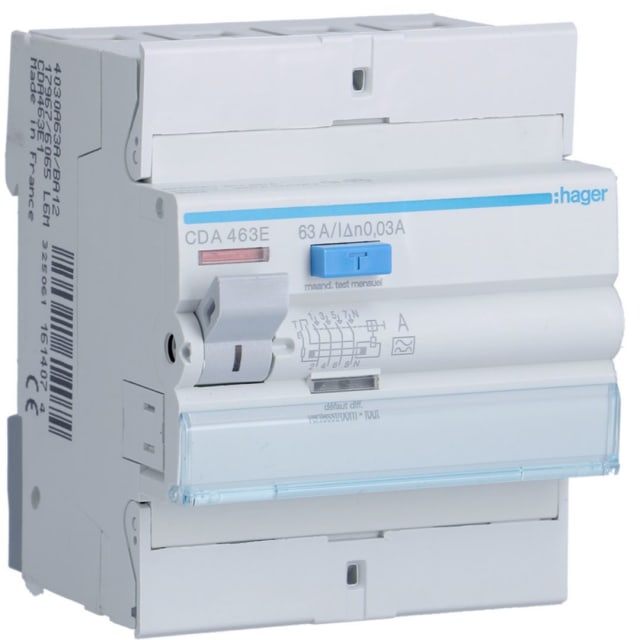 HAGER - Interrupteur différentiel 4P 63A 30mA type A - CDA463E HAGER - Interrupteur différentiel 4P 63A 30mA type A - CDA463E