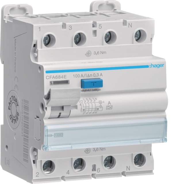HAGER - Interrupteur différentiel. 3P+N 100A 300mA A - CFA684E HAGER - Interrupteur différentiel. 3P+N 100A 300mA A - CFA684E