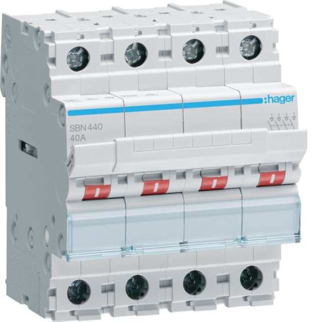 HAGER - Interrupteur modulaire 4 pôles 40A - SBN440 HAGER - Interrupteur modulaire 4 pôles 40A - SBN440