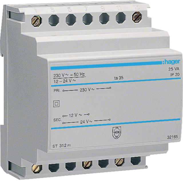 HAGER - Transformateur - 220V/12-24V - 25VA - 4 M. - ST312 HAGER - Transformateur - 220V/12-24V - 25VA - 4 M. - ST312