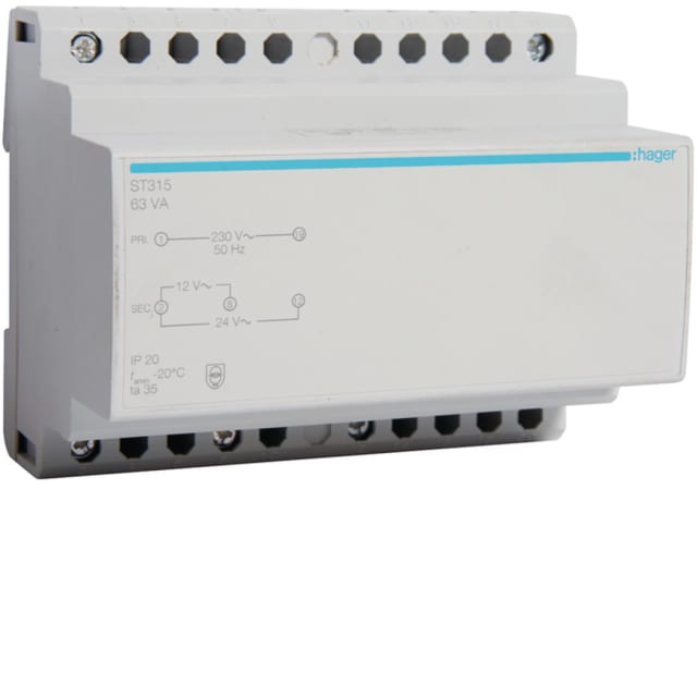 HAGER - Transformateur - 220V/12-24V - 63VA - 6 M. - ST315 HAGER - Transformateur - 220V/12-24V - 63VA - 6 M. - ST315