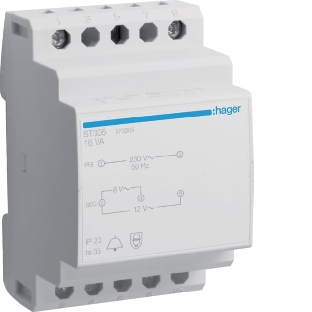 HAGER - Transformateur de sonnerie 220V/8-12V - 16VA - ST305 HAGER - Transformateur de sonnerie 220V/8-12V - 16VA - ST305