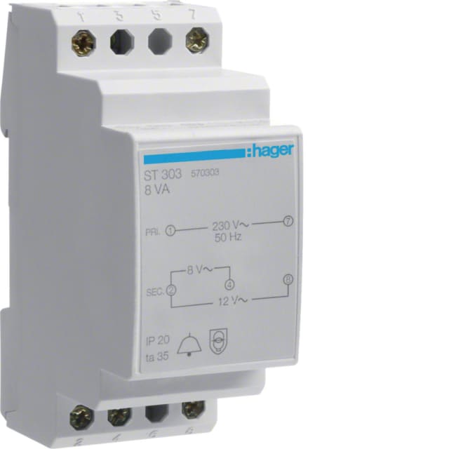 HAGER - Transformateur de sonnerie - 220V/8-12V - 8VA - ST303 HAGER - Transformateur de sonnerie - 220V/8-12V - 8VA - ST303
