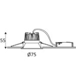 Schéma technique d’un downlight encastré rond fixe noir mat 6,5W diamètre 75 mm hauteur 55 mm