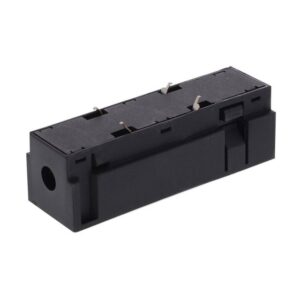 Connecteur électrique noir mat pour rail 48V avec corps rectangulaire et fixation latérale