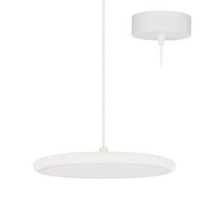 Suspension LED blanche dimmable 18W 3000K avec abat jour plat rond et câble central