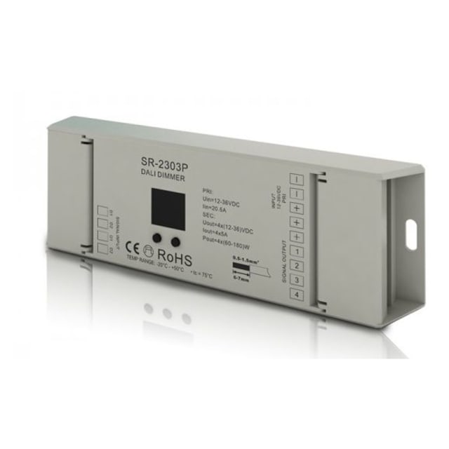 INTEGRATECH SR-2303P Variateur DALI RGBW Variateur DALI RGBW 12-36V 4x5A boîtier métallique gris avec bornes de connexion