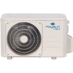 Unité extérieure climatisation split blanche avec ventilateur frontal circulaire et grille de soufflage latérale
