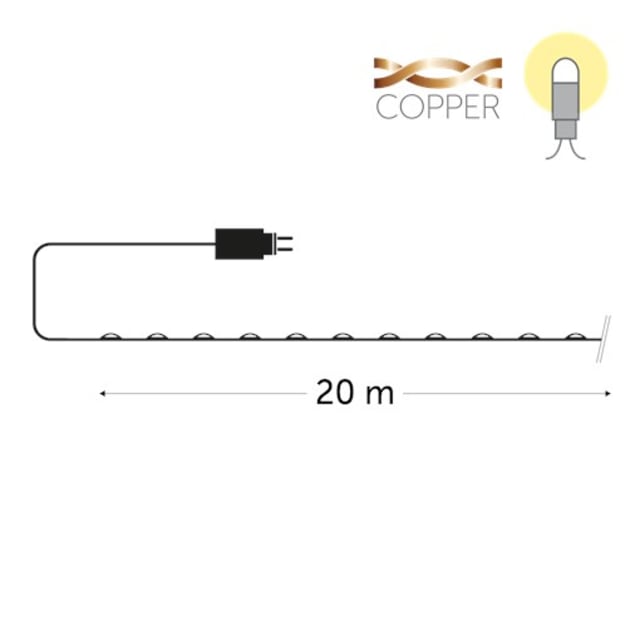 KERSTVERLICHTING Guirlande lumineuse cuivre 20 m Guirlande lumineuse LED blanc chaud sur fil cuivre 20 m avec prise et protection IP44