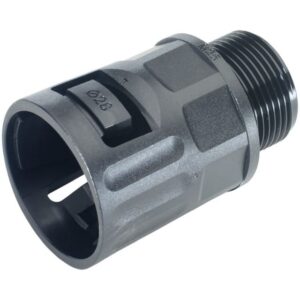 Raccord gris pour gaine annelée M20x1,5 avec filetage mâle et emboîtement cranté