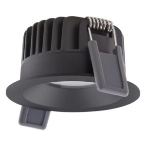 Spot encastrable fixe noir avec dissipateur aluminium et ressorts de fixation, finition ronde, IP44, 8W