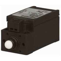 Contact de porte noir pour coffret, bouton poussoir blanc en façade, bornes de raccordement visibles