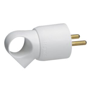 Fiche électrique 2P T 16A blanche avec anneau et broches métalliques