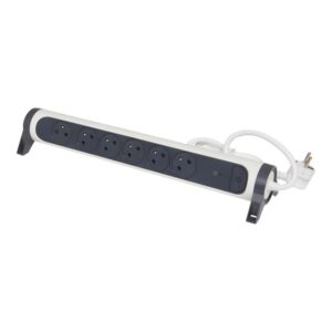 Multiprise parafoudre fixable noire 6 prises avec câble blanc et prise secteur