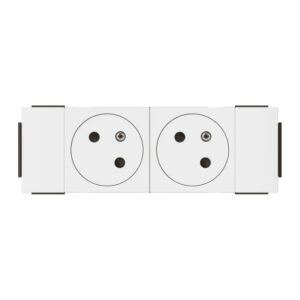 Prise double 2P T affleurante blanc avec deux modules ronds et plaques latérales