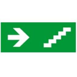 Pictogramme flèche blanche vers escalier sur fond vert