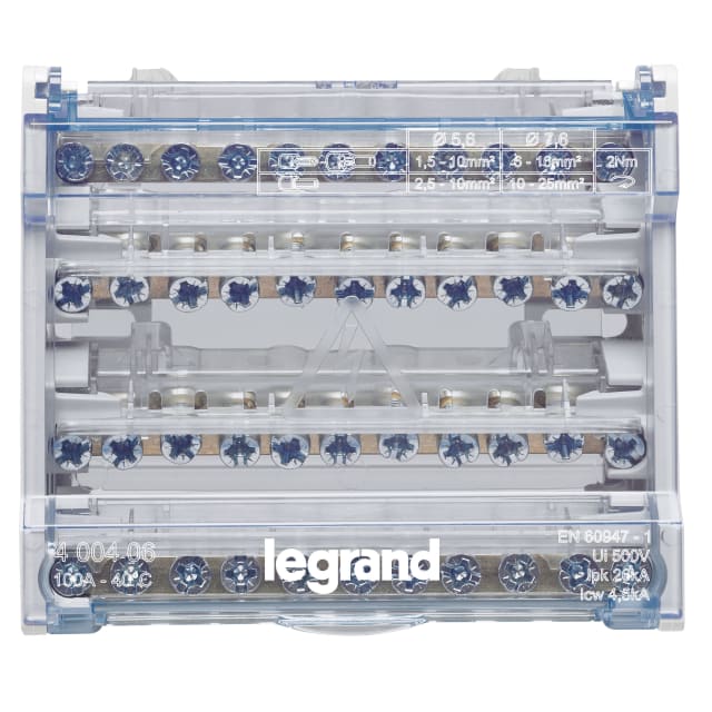 LEGRAND - Répartiteur modulaire 4P 100A - 11 connexions à vis - 26kA - 6 modules - 400406 LEGRAND - Répartiteur modulaire 4P 100A - 11 connexions à vis - 26kA - 6 modules - 400406