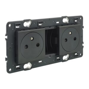 Prise double 2P+T précâblée noire à vis avec support métallique et double module