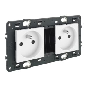 Prise double 2P T précâblée blanc à vis avec support noir et deux modules carrés