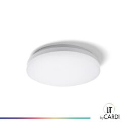 Plafonnier LED rond blanc IP54 avec détecteur, configuration visible