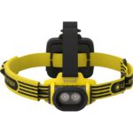 Lampe frontale jaune et noire avec bandeau réglable et double LED frontale rechargeable antidéflagrante
