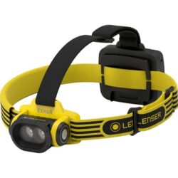 Lampe frontale jaune et noire rechargeable antidéflagrante avec bandeau réglable et boîtier arrière
