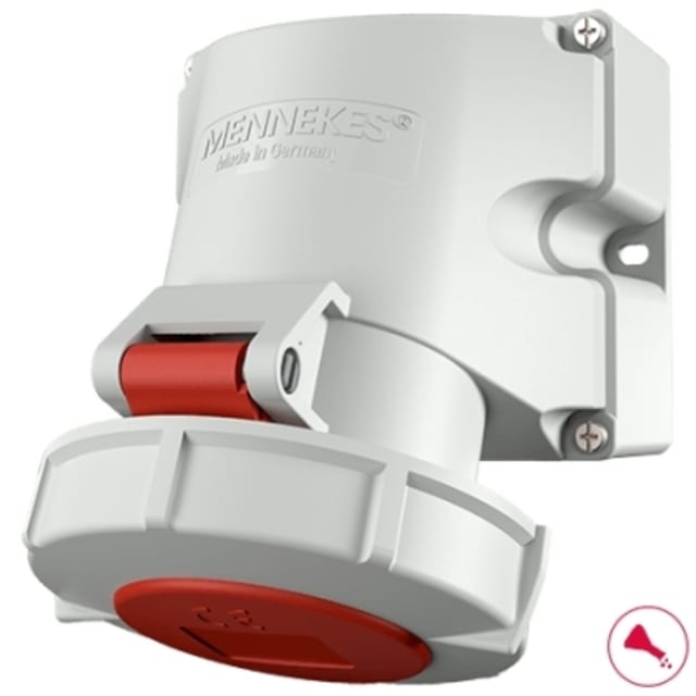 Prise murale triphasée 32A MENNEKES détail produit Détails visibles de Prise murale triphasée 32A 5P 400V IP67 rouge M9182 pour Prises murales CEE