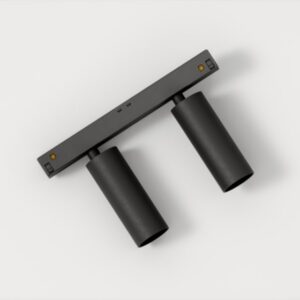 Spot LED sur rail noir orientable avec deux cylindres lumineux DALI 48V