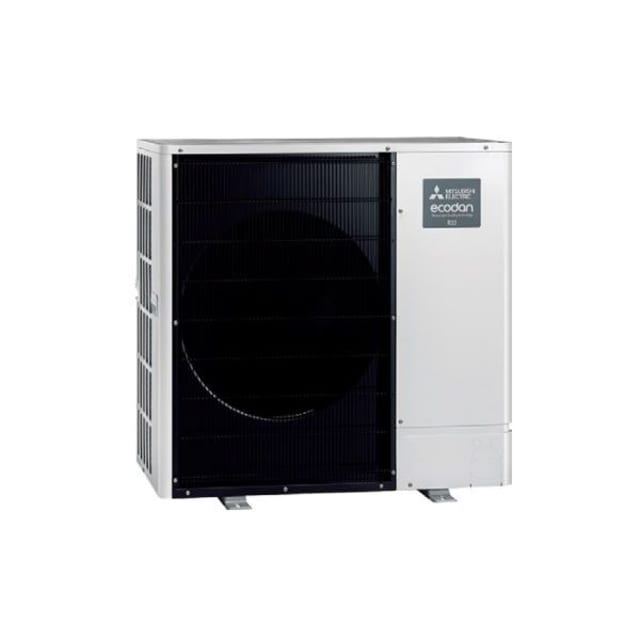 Mitsubishi Electric Ecodan PUZ WM85VAA Unité extérieure monobloc Ecodan blanche avec grille frontale noire et logo Mitsubishi Electric