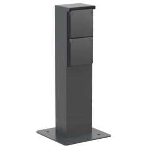 Borne de jardin noire avec deux prises électriques et platine de fixation